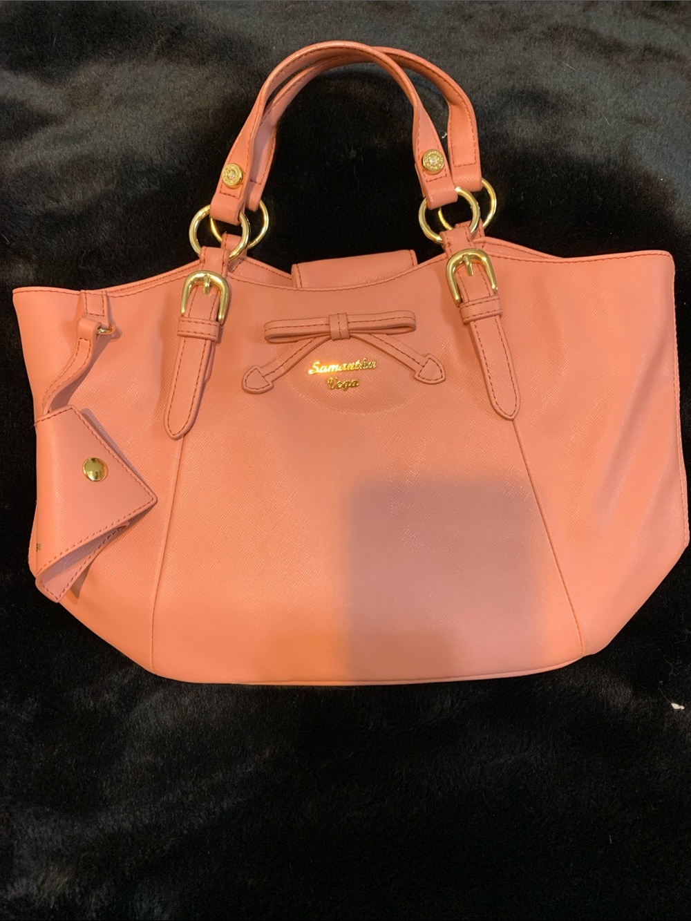 Samantha Vega Coral Tote with Bow Accent and Gold Hardware